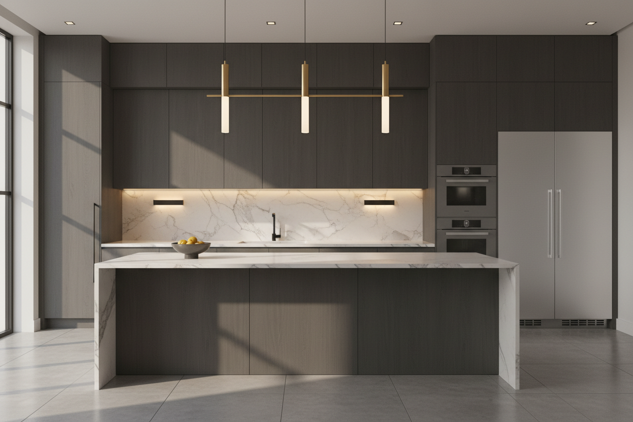 A luxury kitchen with luxury minimalistic lamps, and wall lights