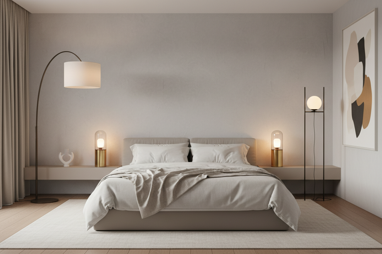 A modern minimalistic bedroom with luxury lamp lighting