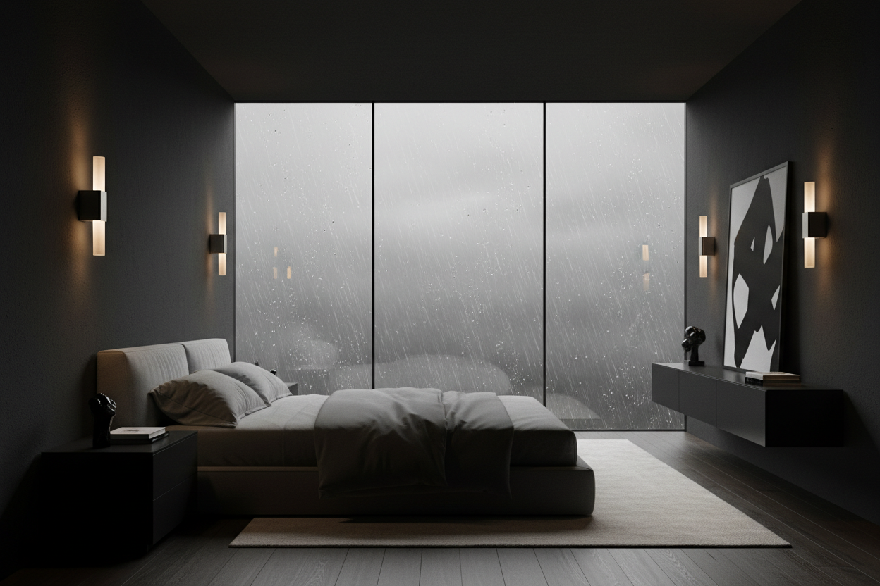 Add glass windows that show a rainy outside 