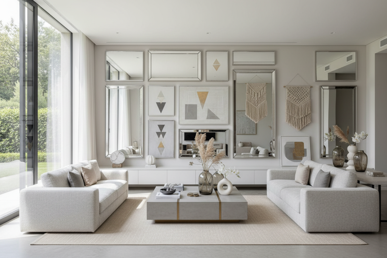 Modern living room with simple luxury decor including mirrors vases wall pieces 